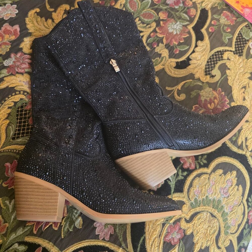 🆕Women Black Rhinestone Manmade Material Mid Calf Cowgirl Pointed Toe Boots